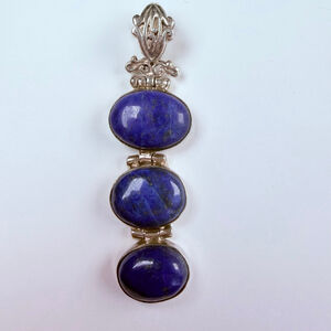 Triple Tier Royal Blue Lapis Lazuli 925 Sterling Silver Vintage Necklace Pendant